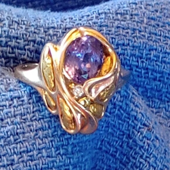 14k Gold Nugget Ring, 1.6 ct natural tanzanite and small diamond size 9-9.5 - Picture 1 of 11